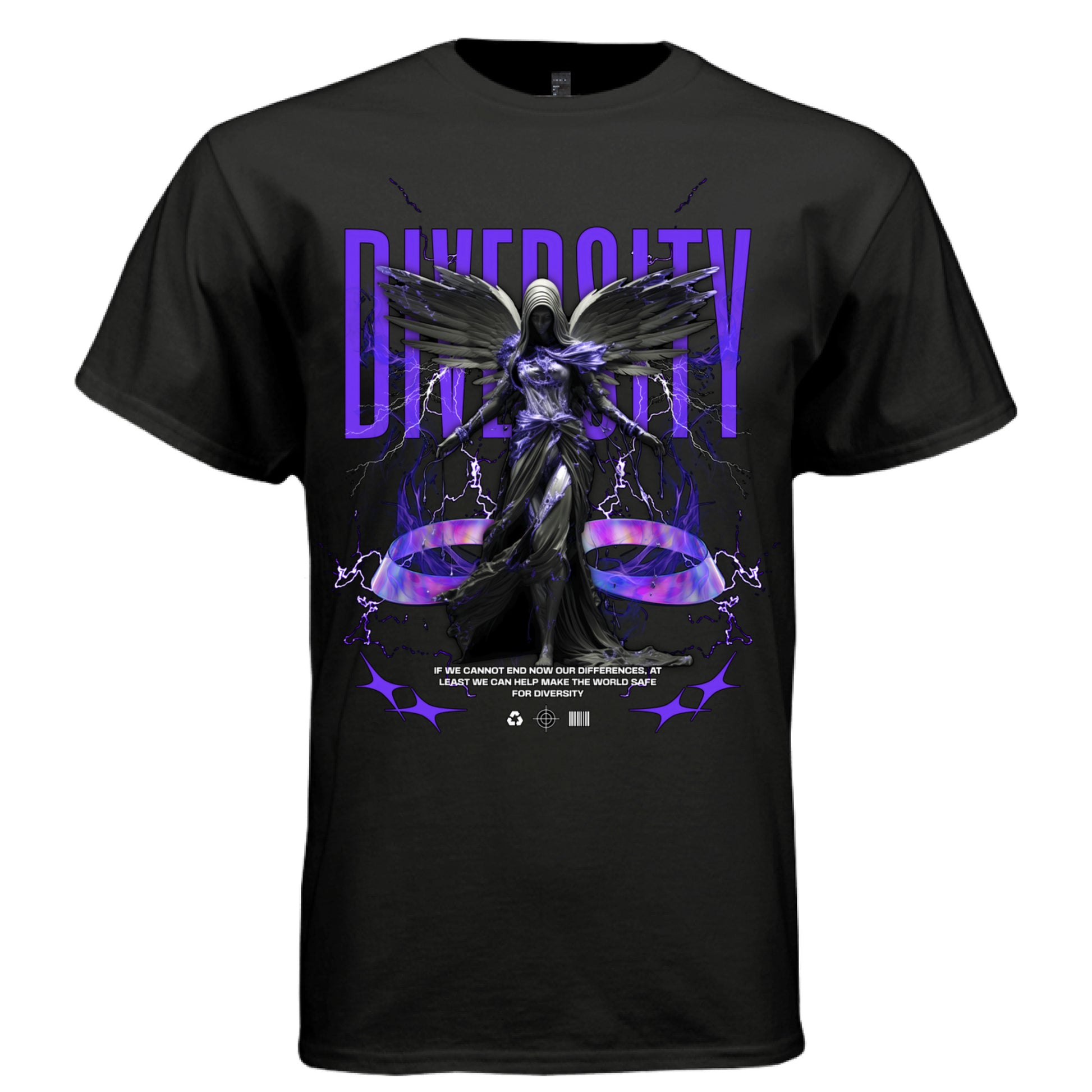 DIVERCITY black front — electric dark angel wings purple lightning holographic ribbon oversized graphic tee on black t-shirt, pro-diversity streetwear by Project Hood
