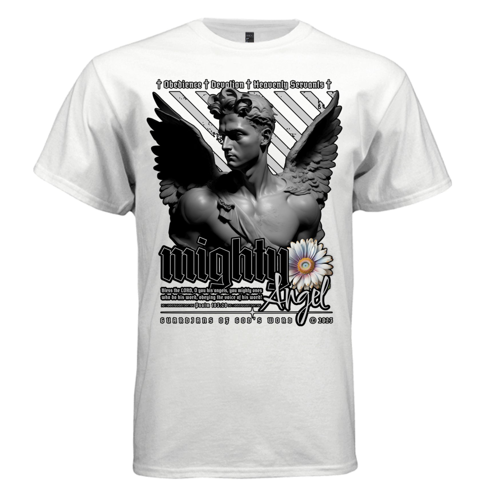 Mighty Angel Graphic T-Shirt in White – Full Front Design View | Psalm 103:20 Christian Streetwear by Project Hood