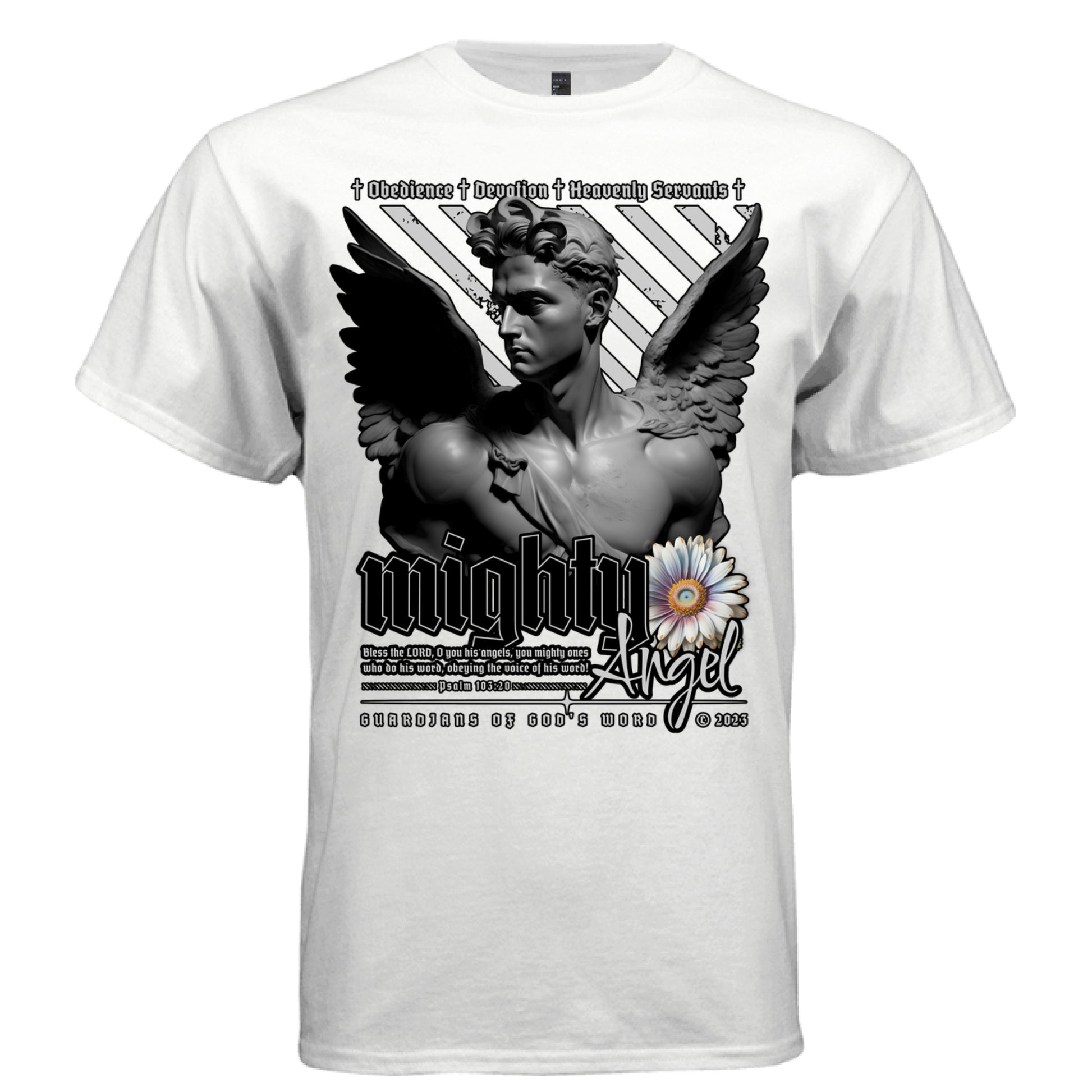 Mighty Angel Graphic T-Shirt in White – Full Front Design View | Psalm 103:20 Christian Streetwear by Project Hood