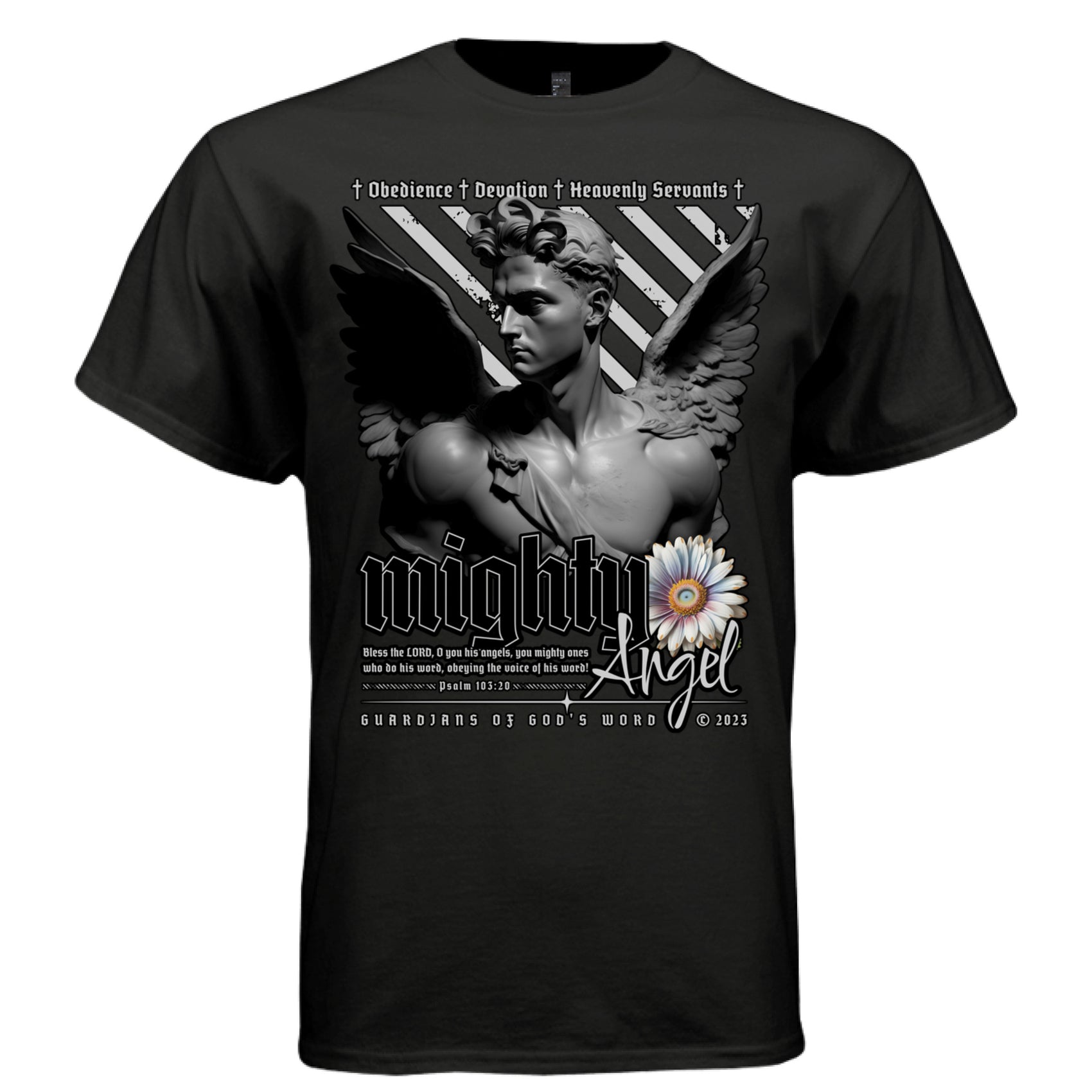 Mighty Angel Graphic T-Shirt in Black – Full Front Design View | Guardian Angel Christian Streetwear by Project Hood