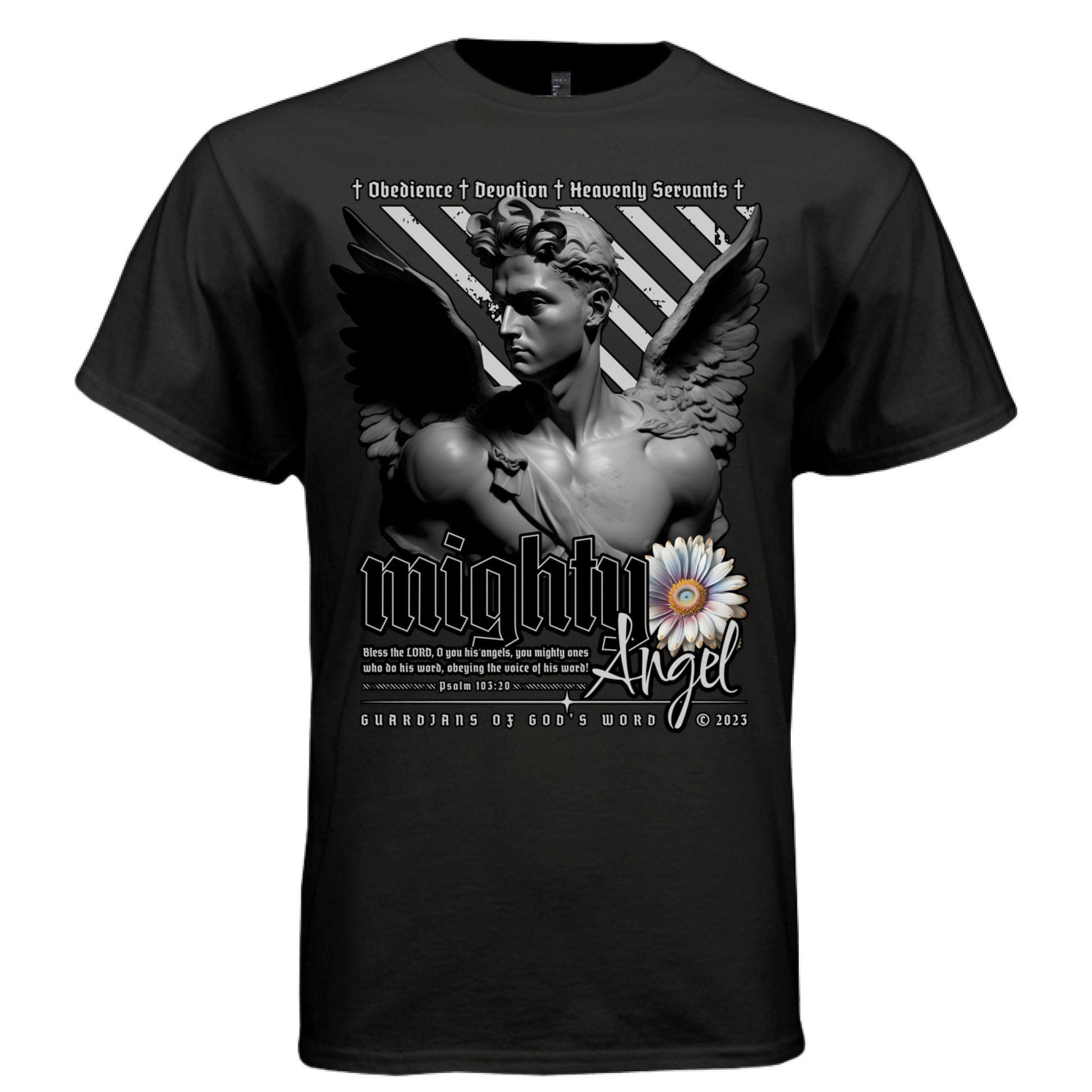 Mighty Angel Graphic T-Shirt in Black – Full Front Design View | Guardian Angel Christian Streetwear by Project Hood