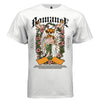 White Romance graphic t-shirt front view showing gothic blackletter, kissing angels, cherubs, lily flowers and Forever Love badges