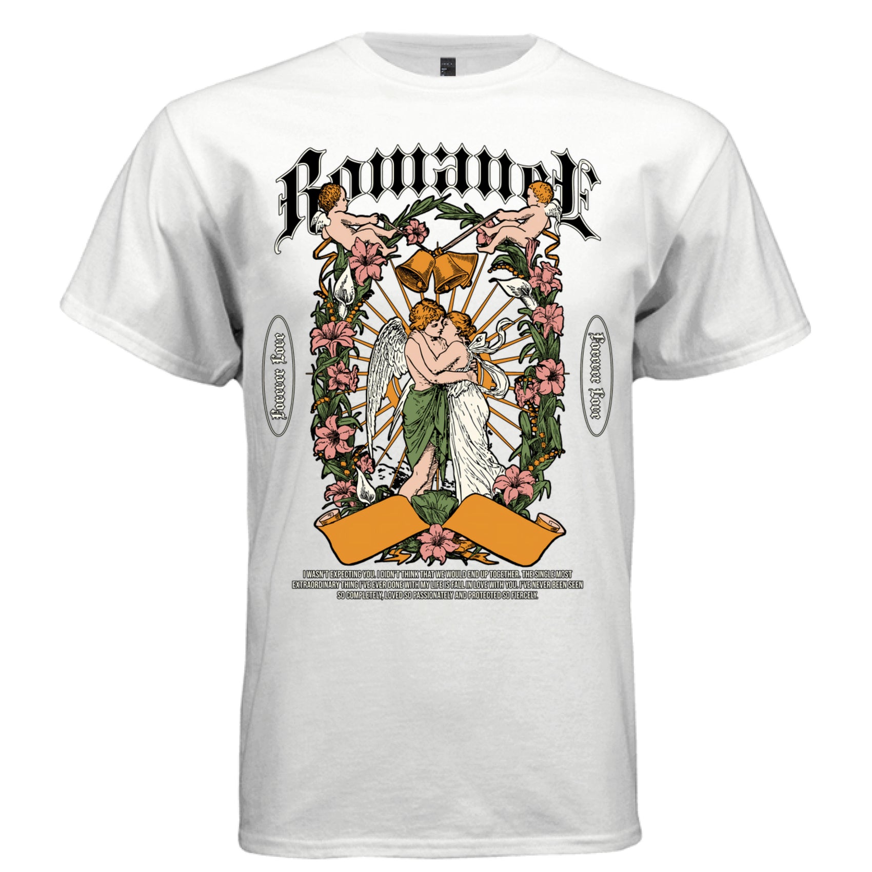 White Romance graphic t-shirt front view showing gothic blackletter, kissing angels, cherubs, lily flowers and Forever Love badges