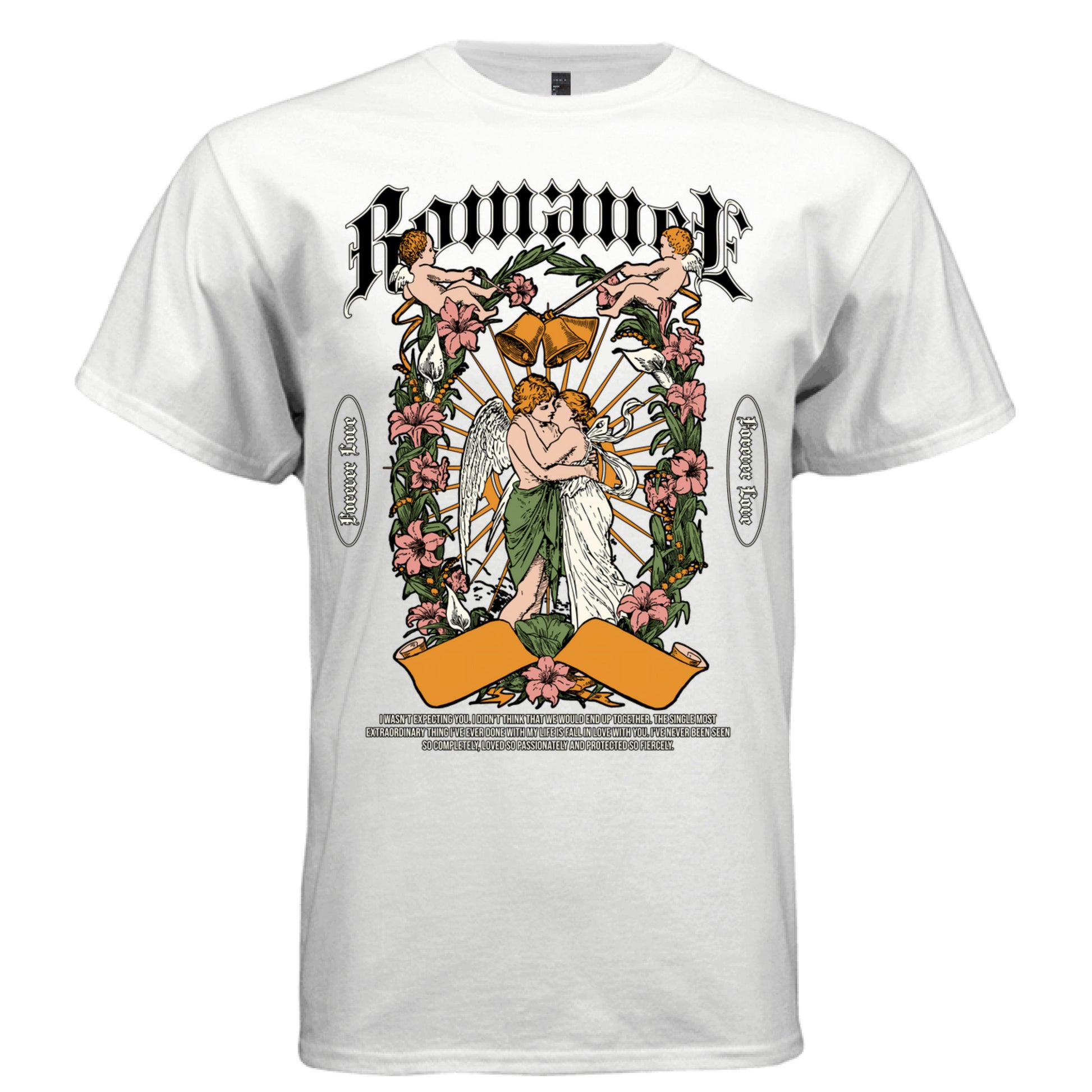 White Romance graphic t-shirt front view showing gothic blackletter, kissing angels, cherubs, lily flowers and Forever Love badges