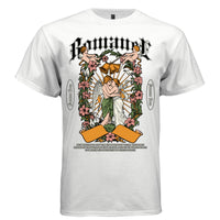 White Romance graphic t-shirt front view showing gothic blackletter, kissing angels, cherubs, lily flowers and Forever Love badges