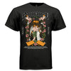 Black Romance graphic t-shirt front flat view with full angel embrace design, gothic blackletter and floral composition 
