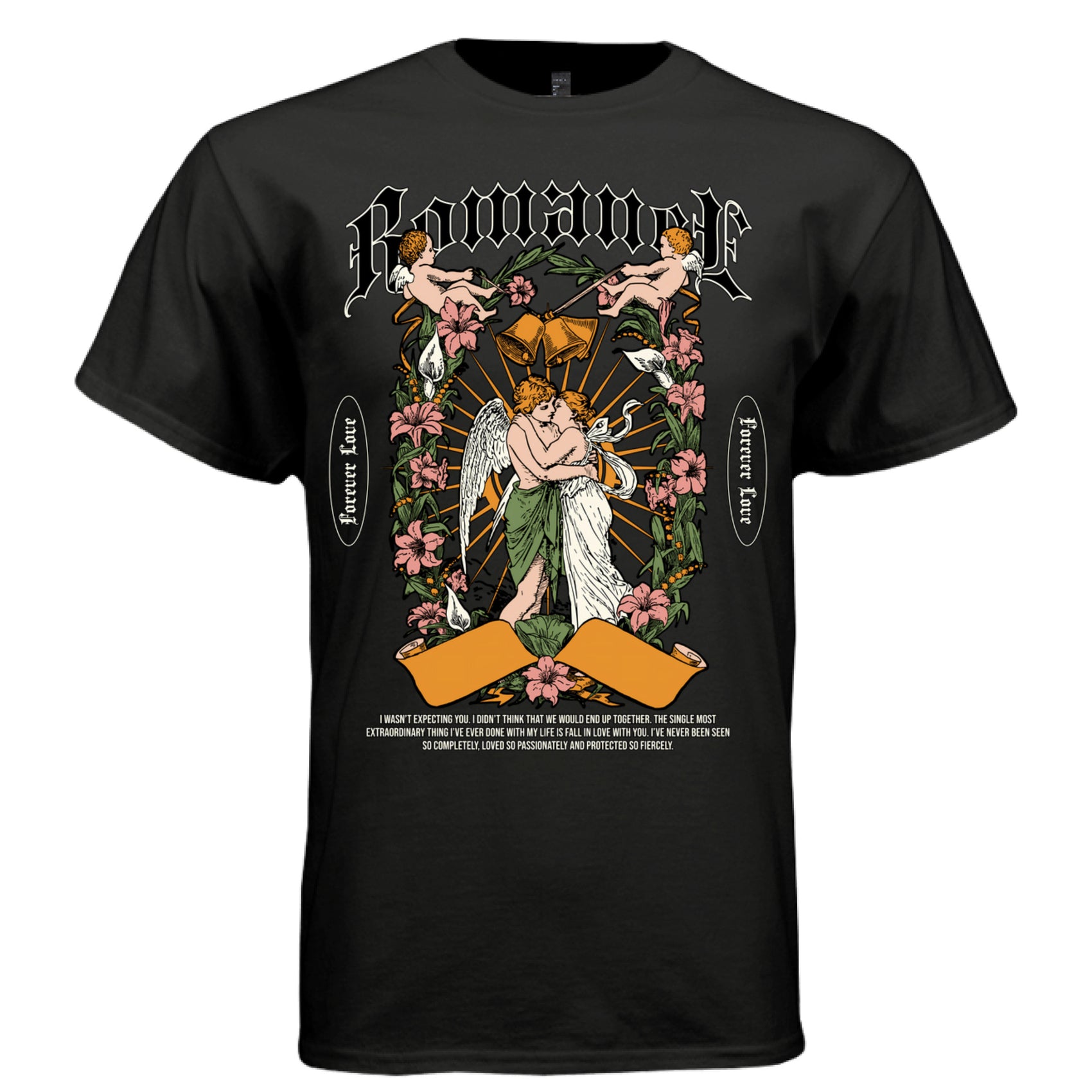 Black Romance graphic t-shirt front flat view with full angel embrace design, gothic blackletter and floral composition 