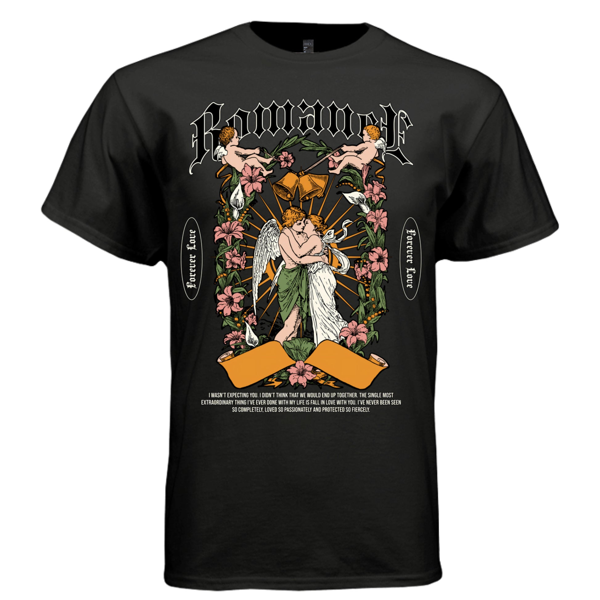 Black Romance graphic t-shirt front flat view with full angel embrace design, gothic blackletter and floral composition 