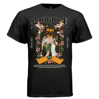 Black Romance graphic t-shirt front flat view with full angel embrace design, gothic blackletter and floral composition 