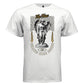 White Seraphius t-shirt front showing marble angel sculpture The Hues gold script collegiate letters and gold flames