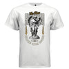 White Seraphius t-shirt front showing marble angel sculpture The Hues gold script collegiate letters and gold flames