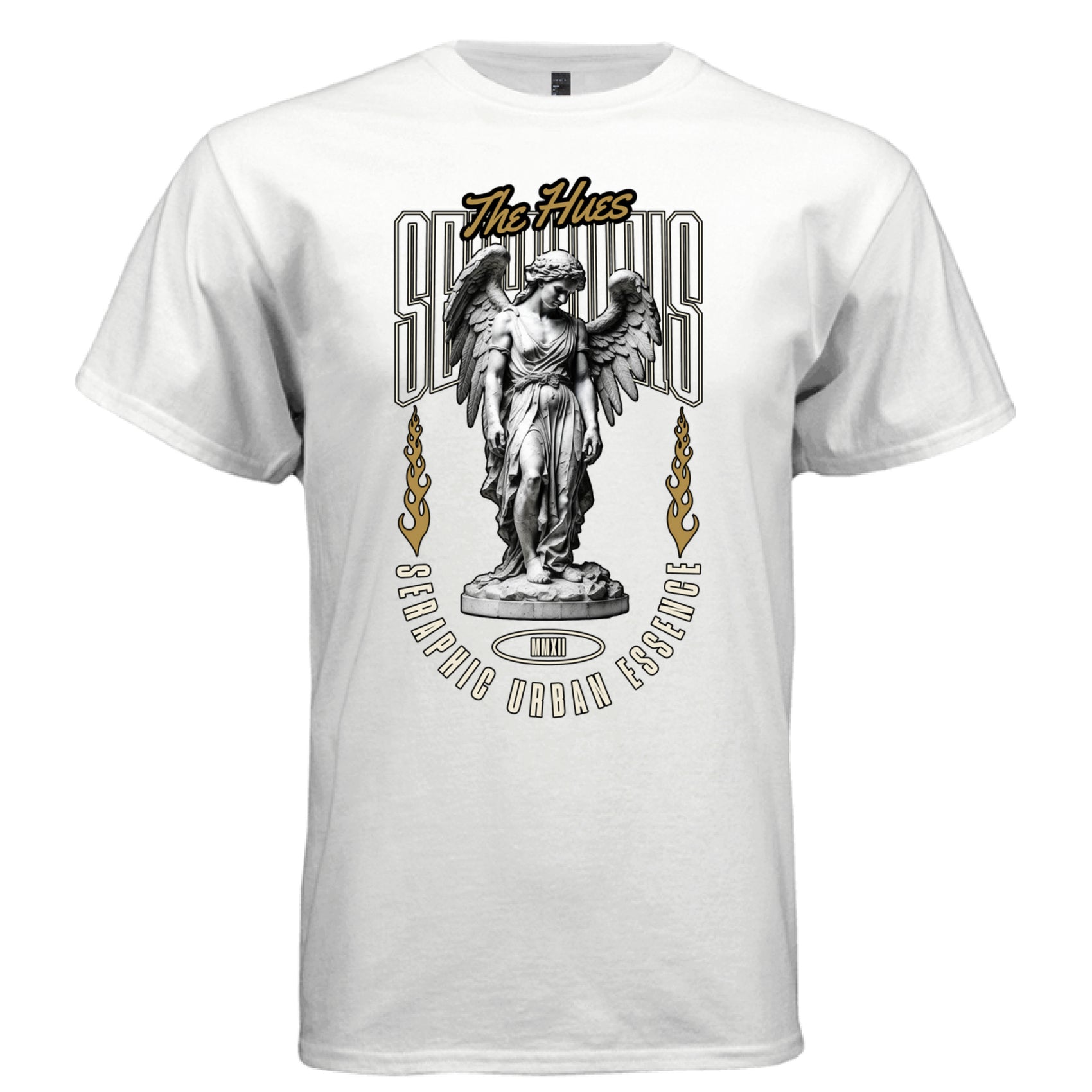 White Seraphius t-shirt front showing marble angel sculpture The Hues gold script collegiate letters and gold flames