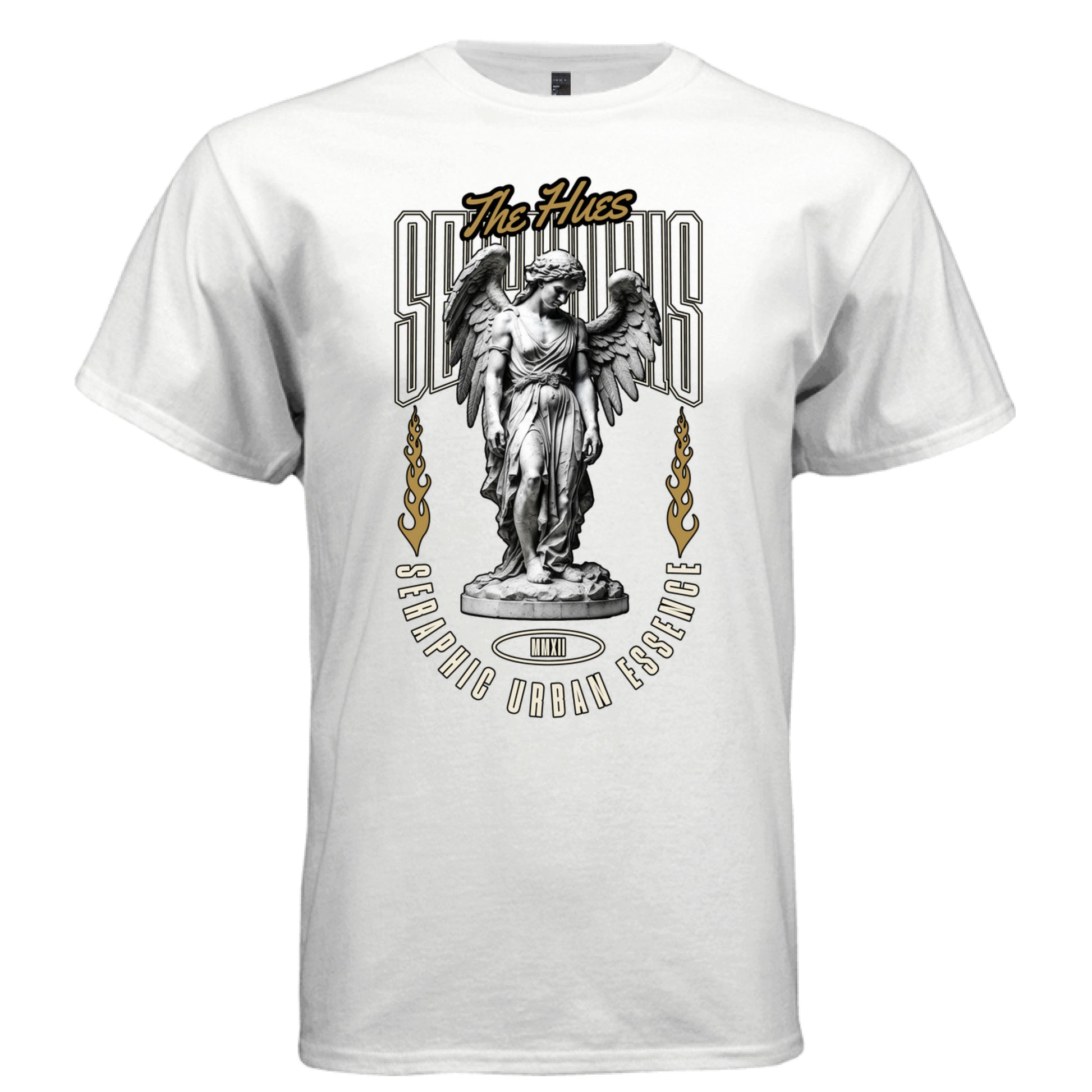 White Seraphius t-shirt front showing marble angel sculpture The Hues gold script collegiate letters and gold flames