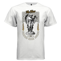 White Seraphius t-shirt front showing marble angel sculpture The Hues gold script collegiate letters and gold flames