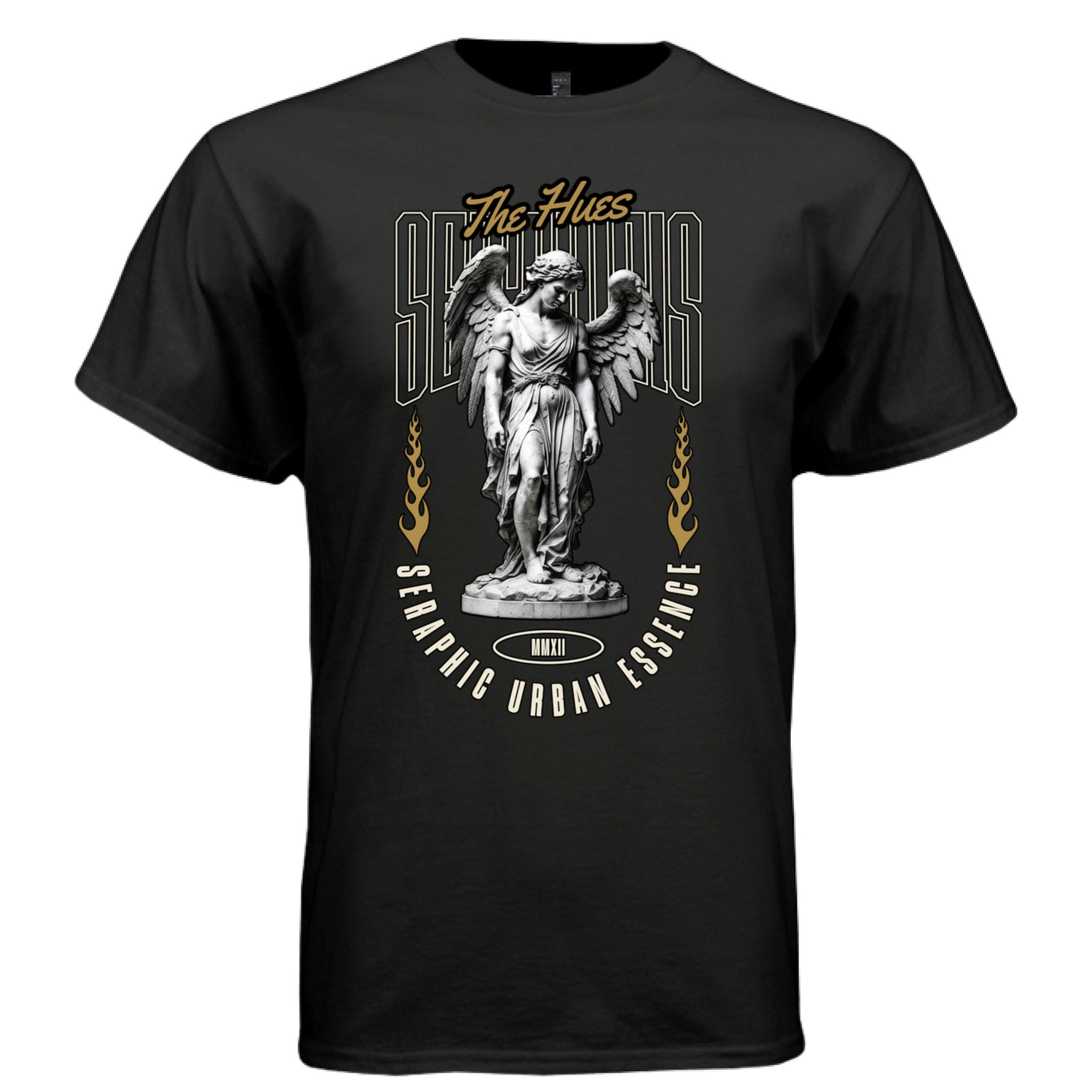 Black Seraphius graphic tee front view with gold flames marble angel Seraphic Urban Essence arc text and MMXII badge