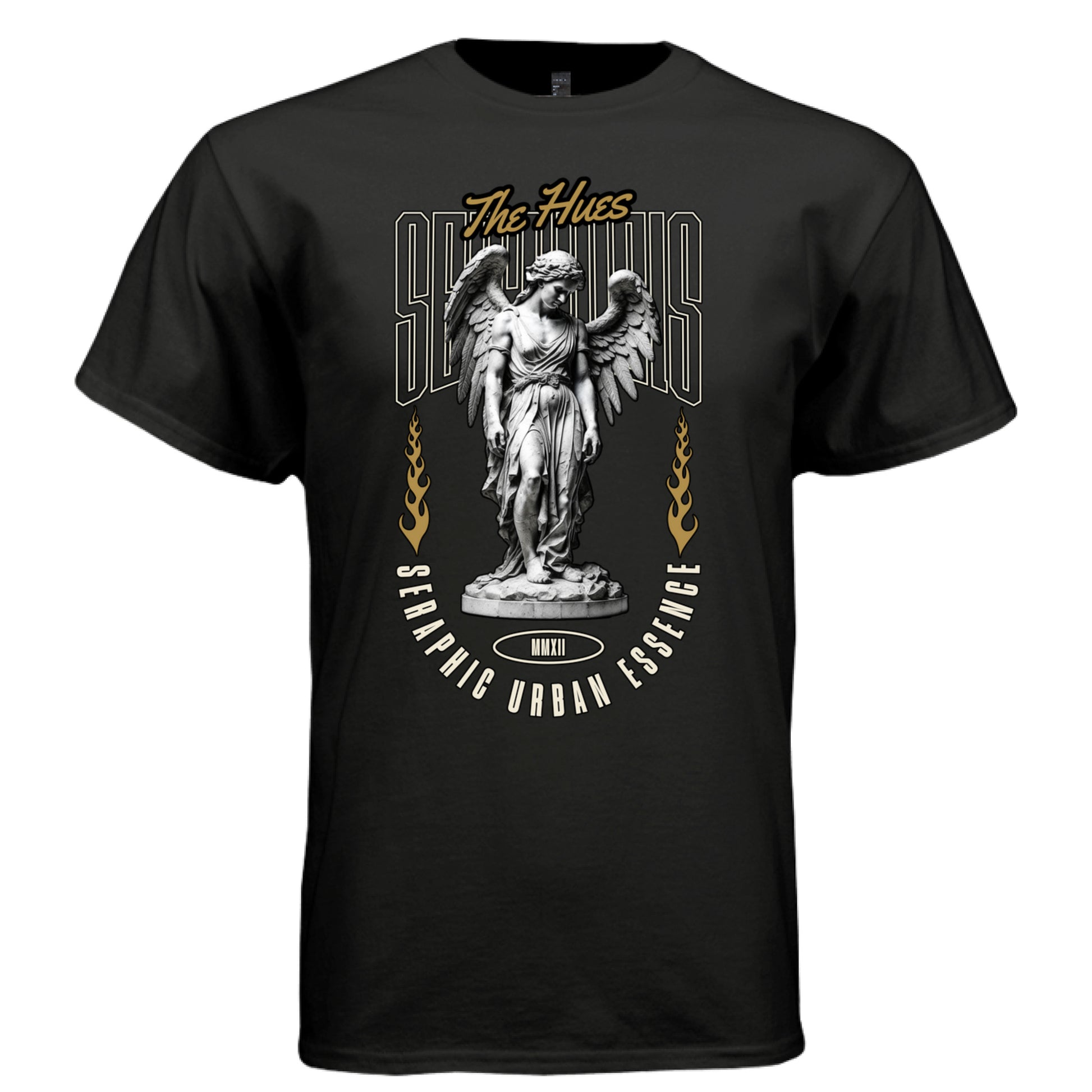 Black Seraphius graphic tee front view with gold flames marble angel Seraphic Urban Essence arc text and MMXII badge
