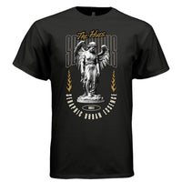 Black Seraphius graphic tee front view with gold flames marble angel Seraphic Urban Essence arc text and MMXII badge
