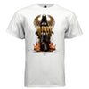 White blessed dark angel oversized streetwear t-shirt front view with gold angel wings and fire graphic