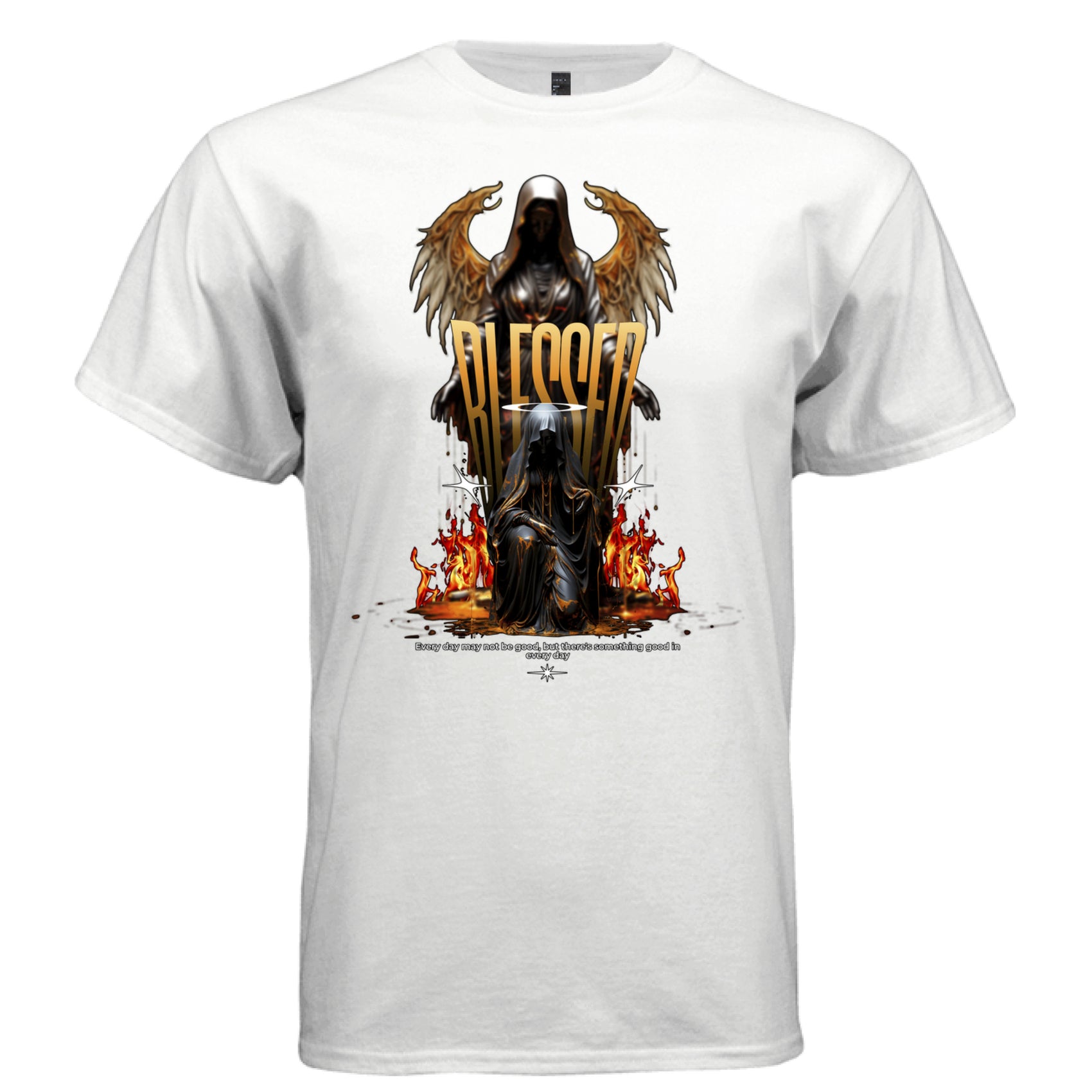 White blessed dark angel oversized streetwear t-shirt front view with gold angel wings and fire graphic