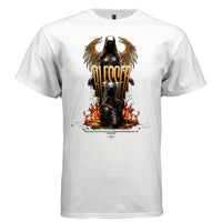 White blessed dark angel oversized streetwear t-shirt front view with gold angel wings and fire graphic