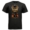Black blessed dark angel graphic t-shirt front view gold BLESSED text with winged guardian angel and flames