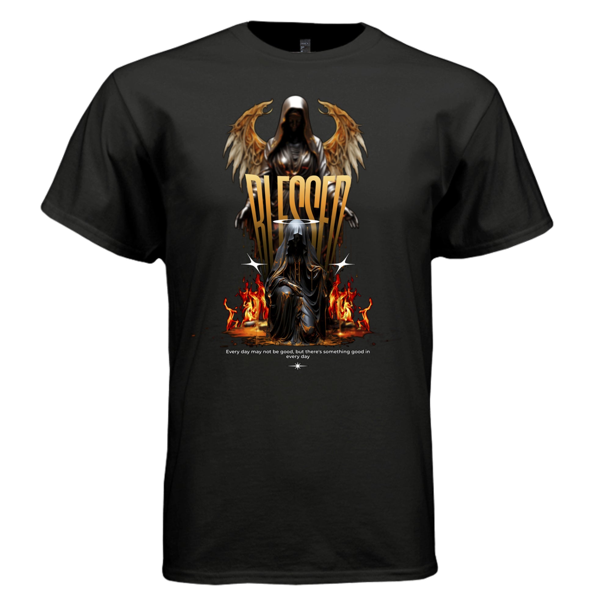Black blessed dark angel graphic t-shirt front view gold BLESSED text with winged guardian angel and flames