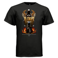 Black blessed dark angel graphic t-shirt front view gold BLESSED text with winged guardian angel and flames