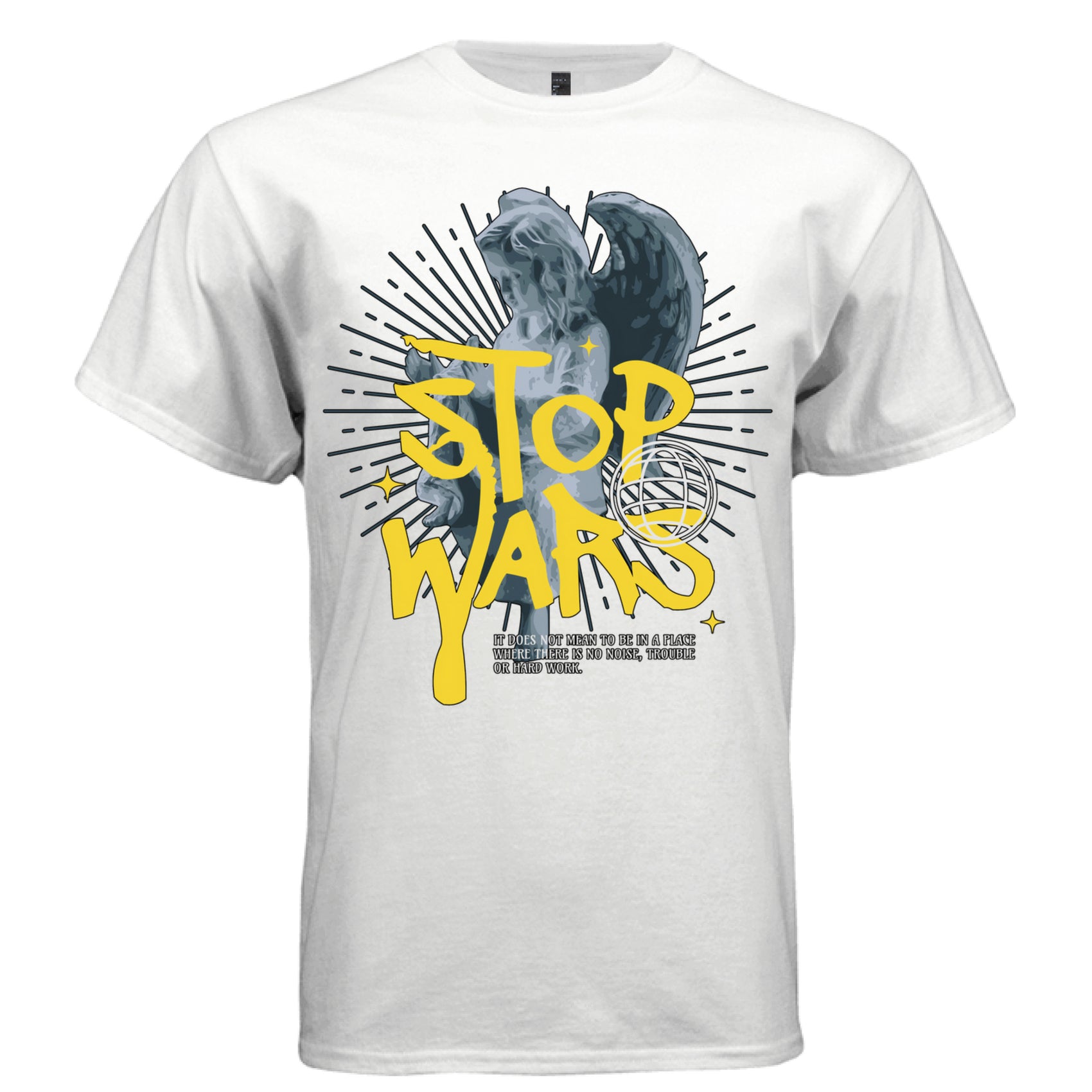 White stop war oversized streetwear t-shirt front view yellow graffiti angel peace graphic DTG printed
