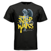 Black stop war angel graphic t-shirt front view bold yellow STOP WAR graffiti text on classical statue