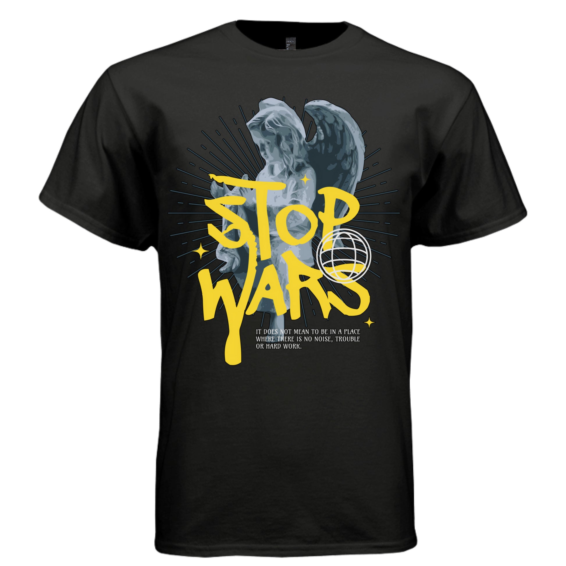 Black stop war angel graphic t-shirt front view bold yellow STOP WAR graffiti text on classical statue