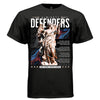 Black Almighty Defenders angel warrior t-shirt front view bold text with classical statue and fluid art background