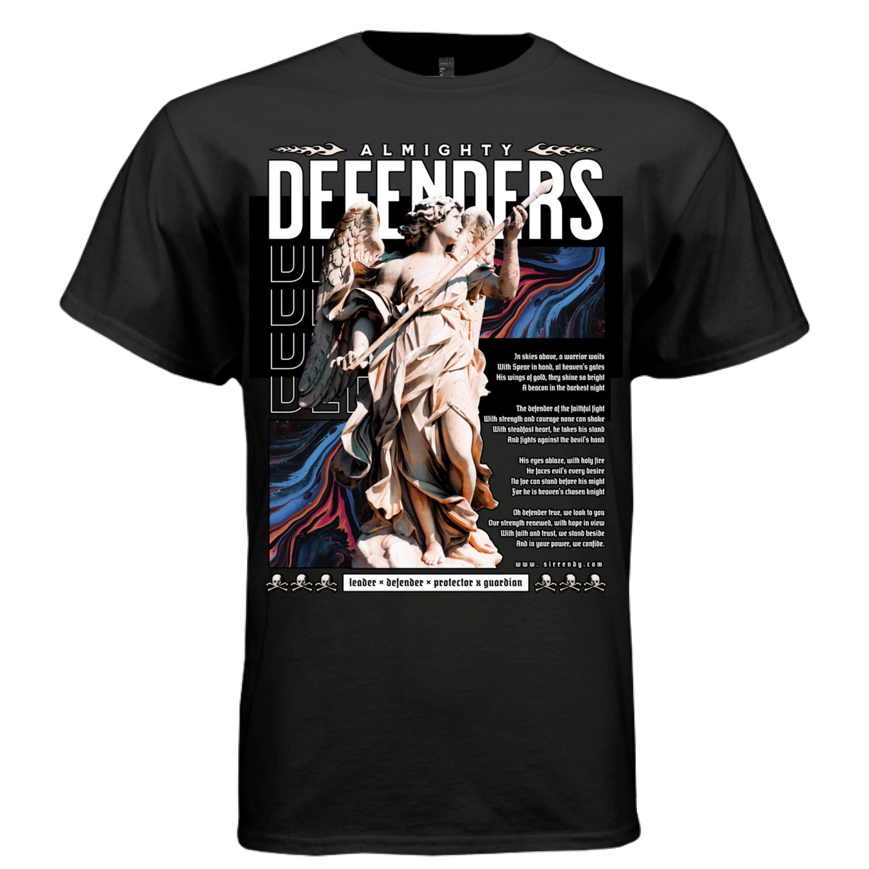 Black Almighty Defenders angel warrior t-shirt front view bold text with classical statue and fluid art background