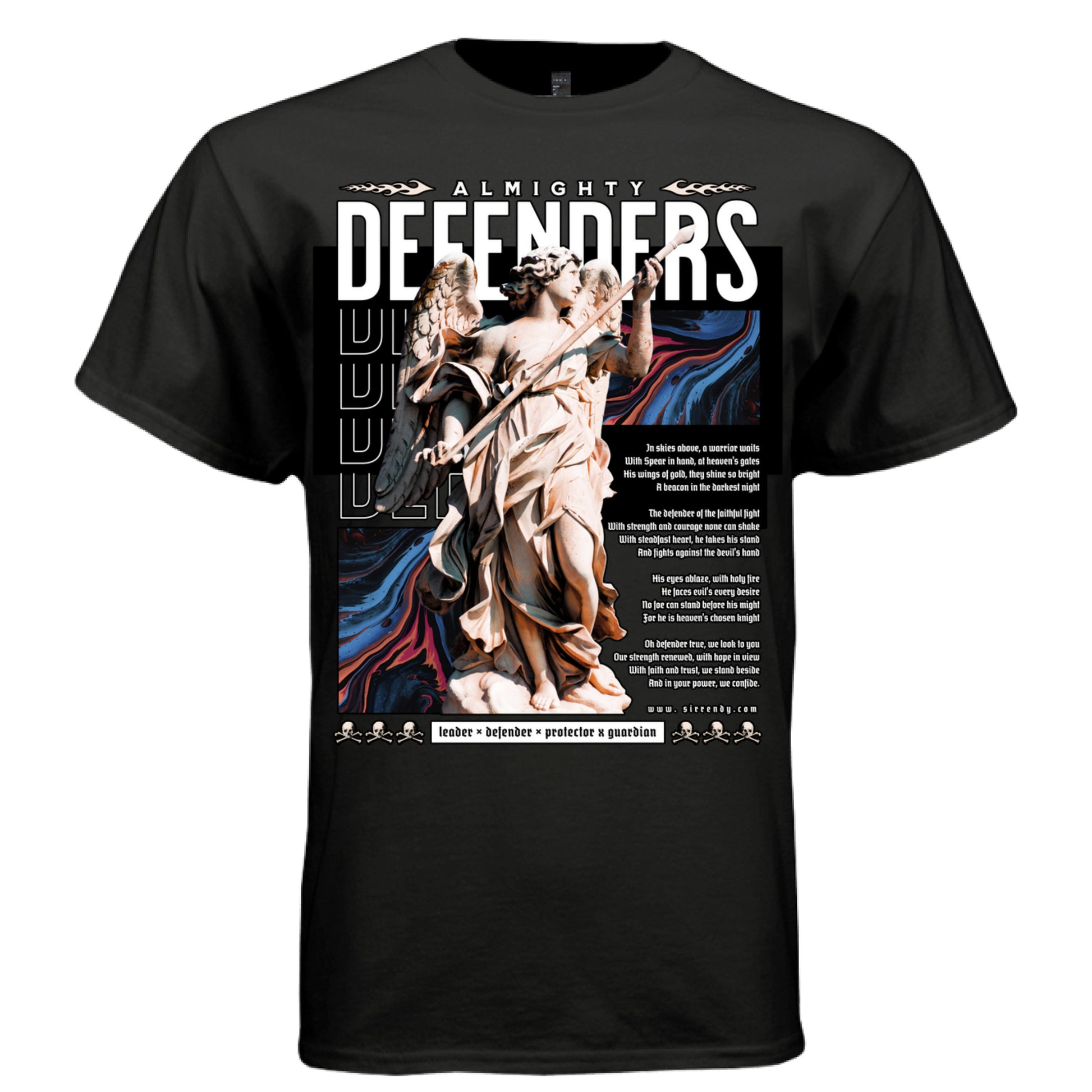 Black Almighty Defenders angel warrior t-shirt front view bold text with classical statue and fluid art background