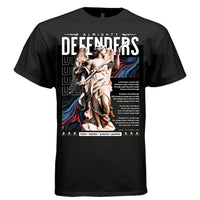 Black Almighty Defenders angel warrior t-shirt front view bold text with classical statue and fluid art background