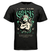 Black I don't care cherub t-shirt front view bold teal CARE lettering with defiant angel graphic