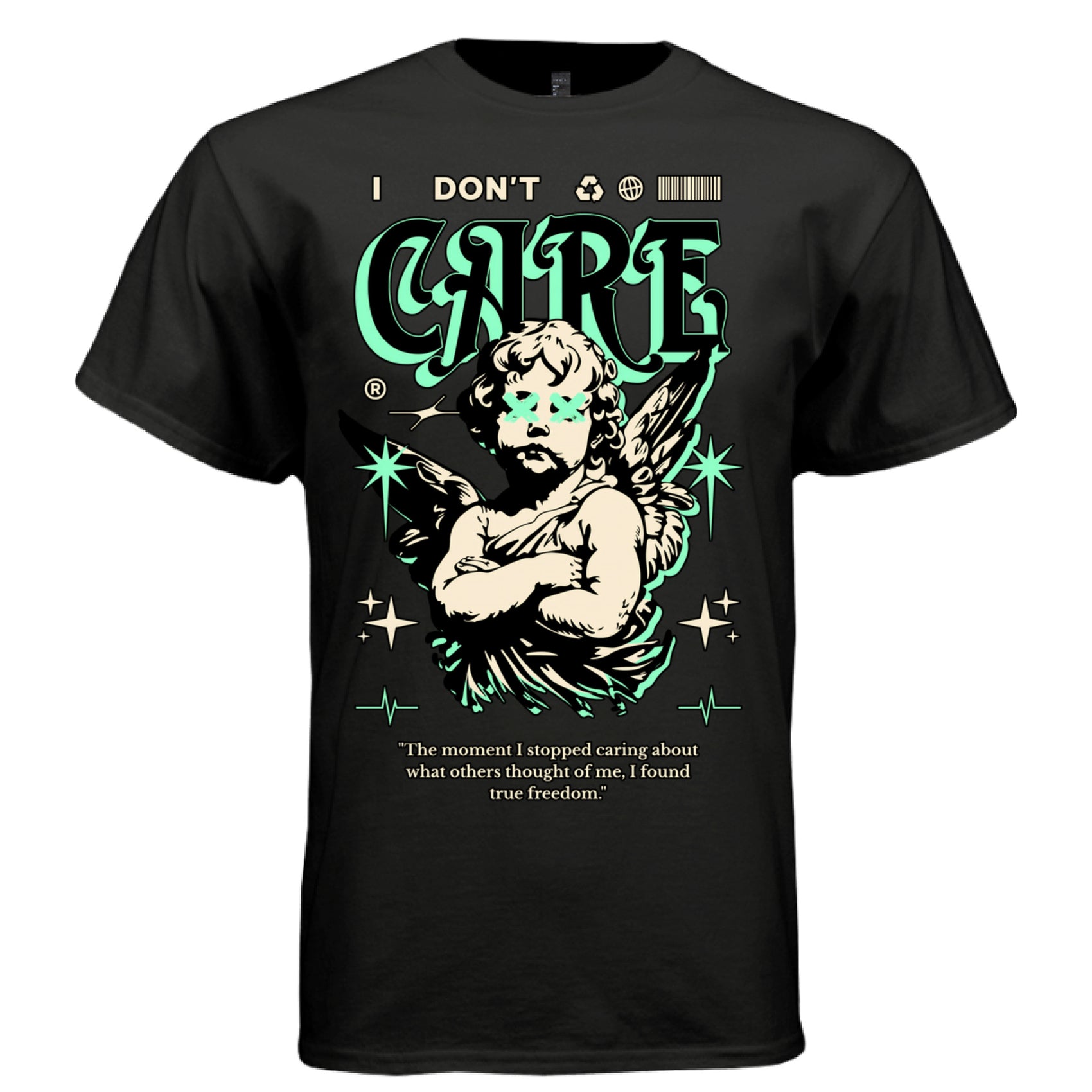 Black I don't care cherub t-shirt front view bold teal CARE lettering with defiant angel graphic
