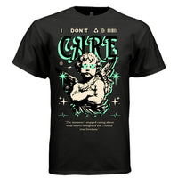 Black I don't care cherub t-shirt front view bold teal CARE lettering with defiant angel graphic