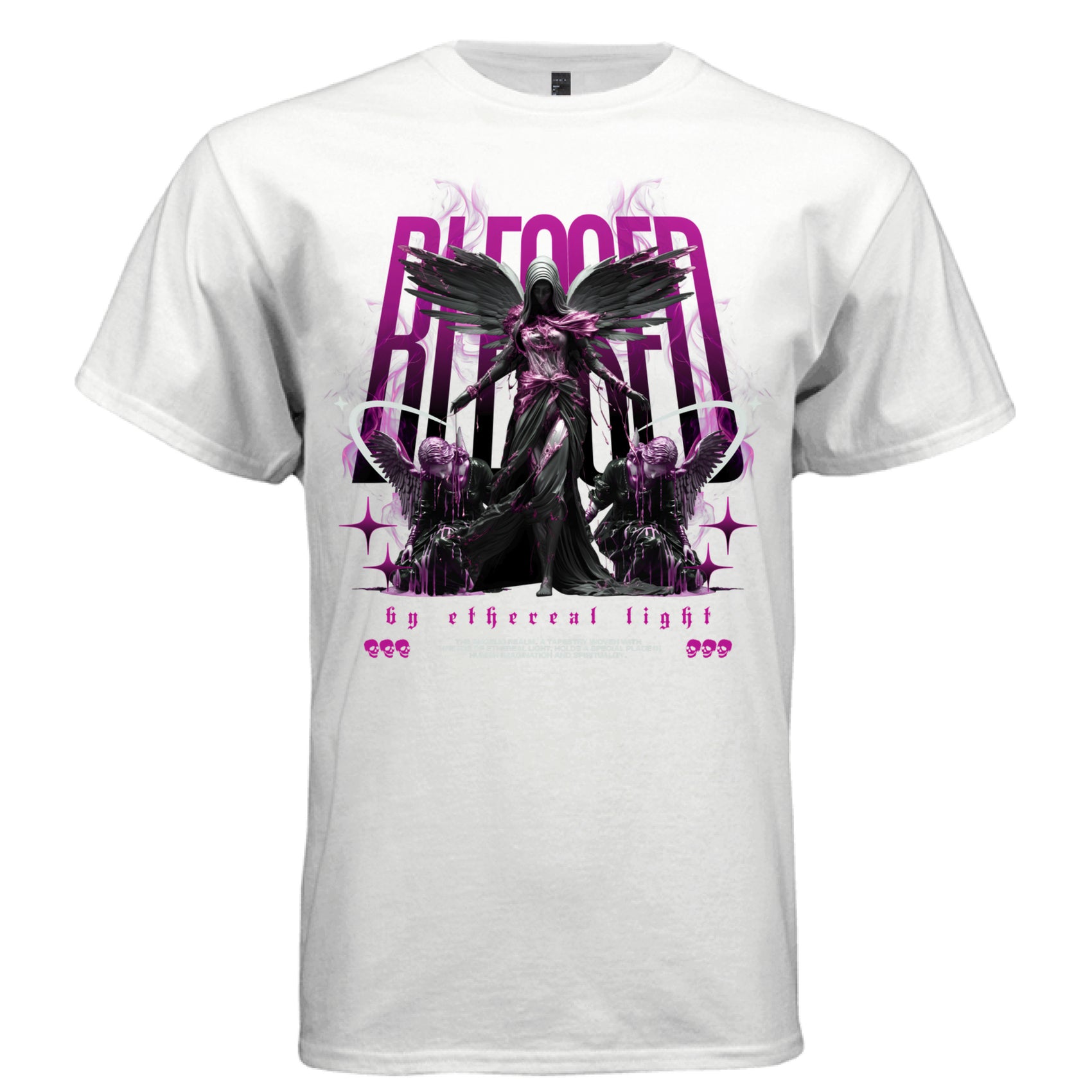 White blessed by ethereal light dark aesthetic t-shirt front view hot pink angel wings oversized DTG print
