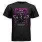 Black blessed by ethereal light dark angel t-shirt front view magenta BLESSED text with kneeling figures