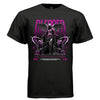 Black blessed by ethereal light dark angel t-shirt front view magenta BLESSED text with kneeling figures