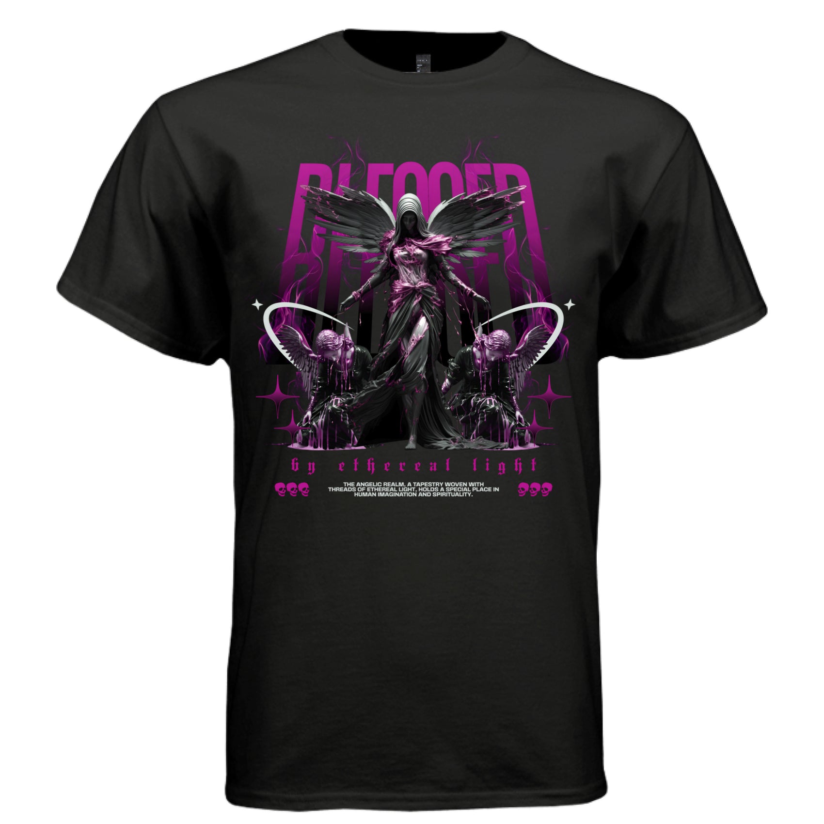 Black blessed by ethereal light dark angel t-shirt front view magenta BLESSED text with kneeling figures