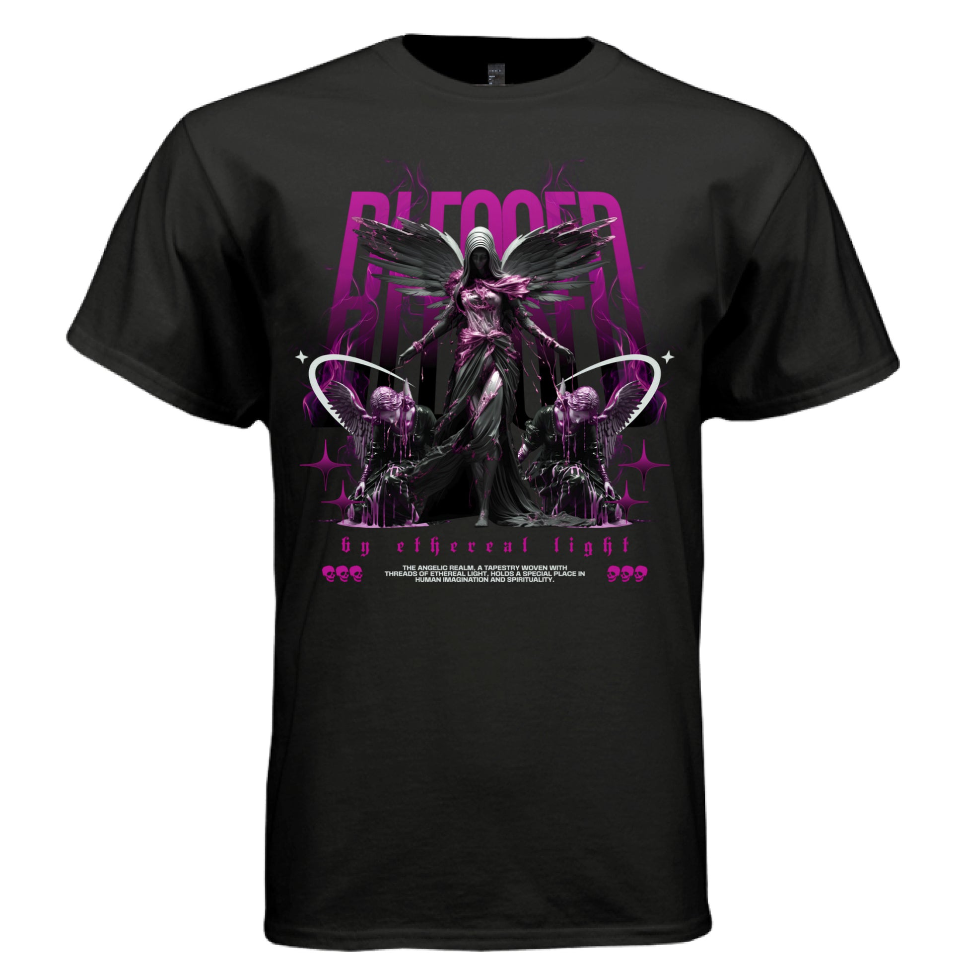 Black blessed by ethereal light dark angel t-shirt front view magenta BLESSED text with kneeling figures