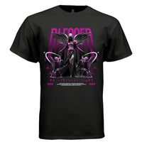 Black blessed by ethereal light dark angel t-shirt front view magenta BLESSED text with kneeling figures