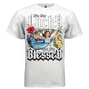 White im not lucky but im blessed faith streetwear t-shirt front view flying angel gothic typography DTG print
