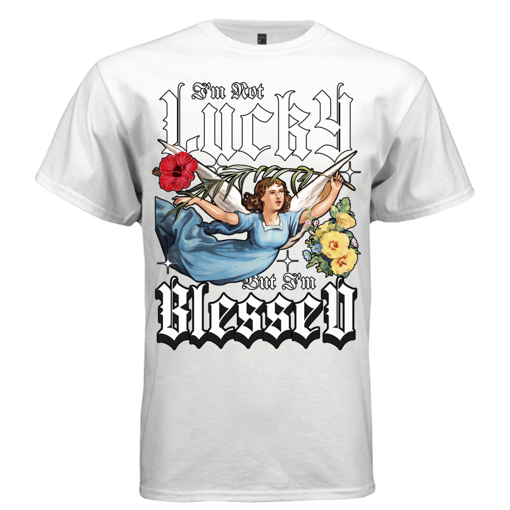 White im not lucky but im blessed faith streetwear t-shirt front view flying angel gothic typography DTG print