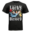 Black im not lucky but im blessed t-shirt front view bold Gothic LUCKY BLESSED text with flying angel floral graphic