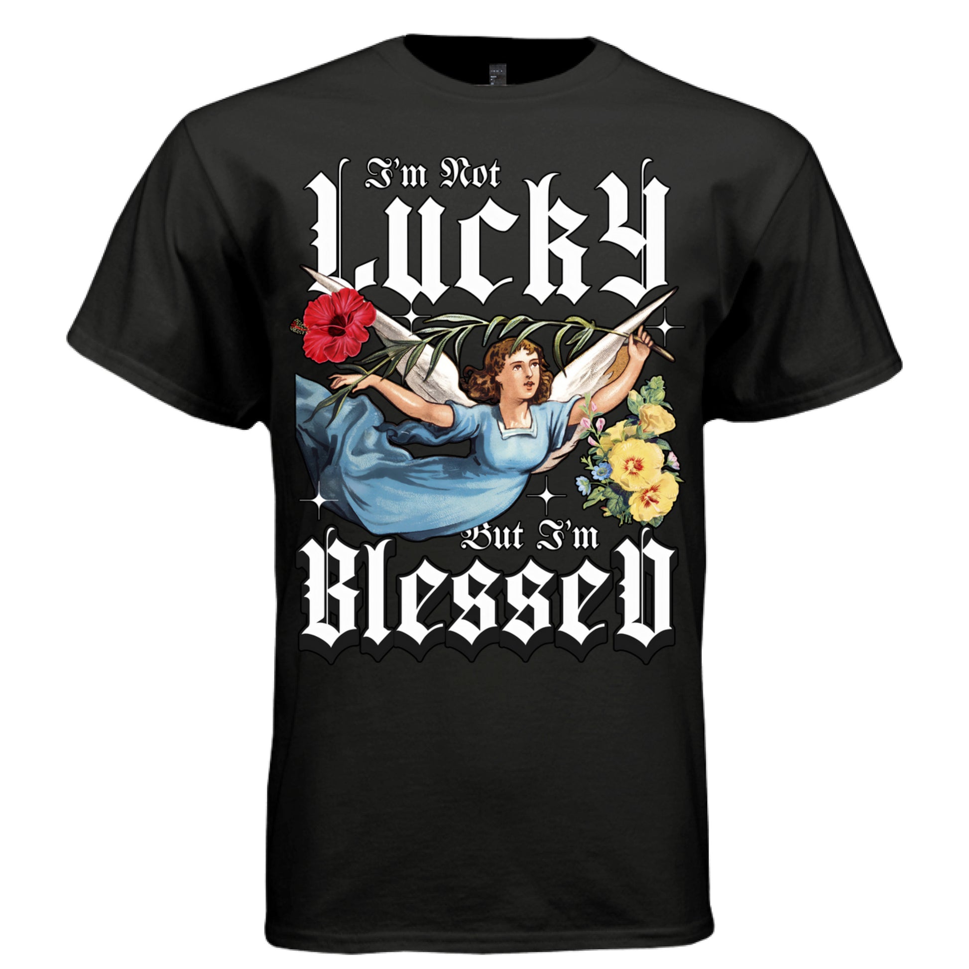 Black im not lucky but im blessed t-shirt front view bold Gothic LUCKY BLESSED text with flying angel floral graphic