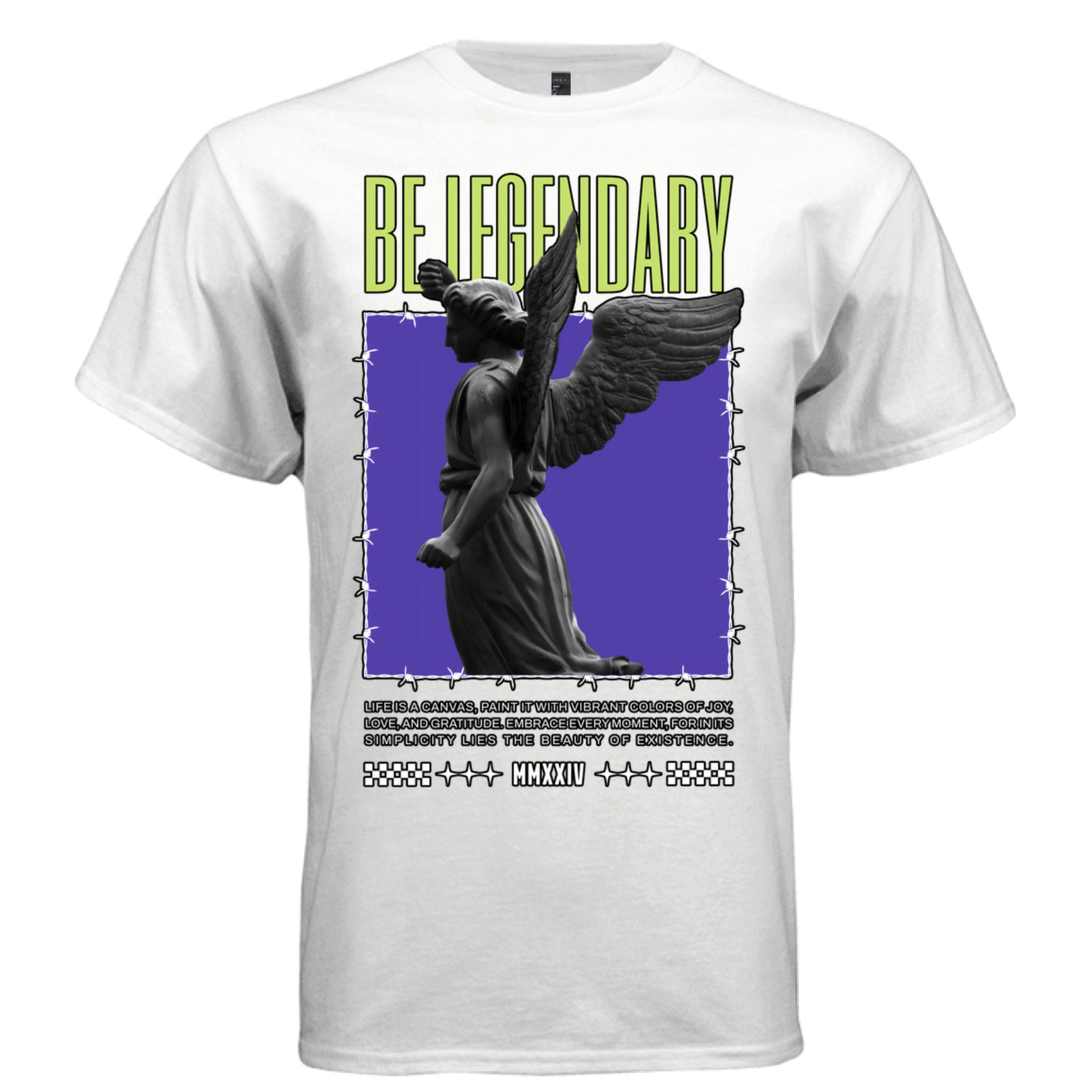White Be Legendary motivational streetwear t-shirt front view lime green bold typography angel statue DTG print