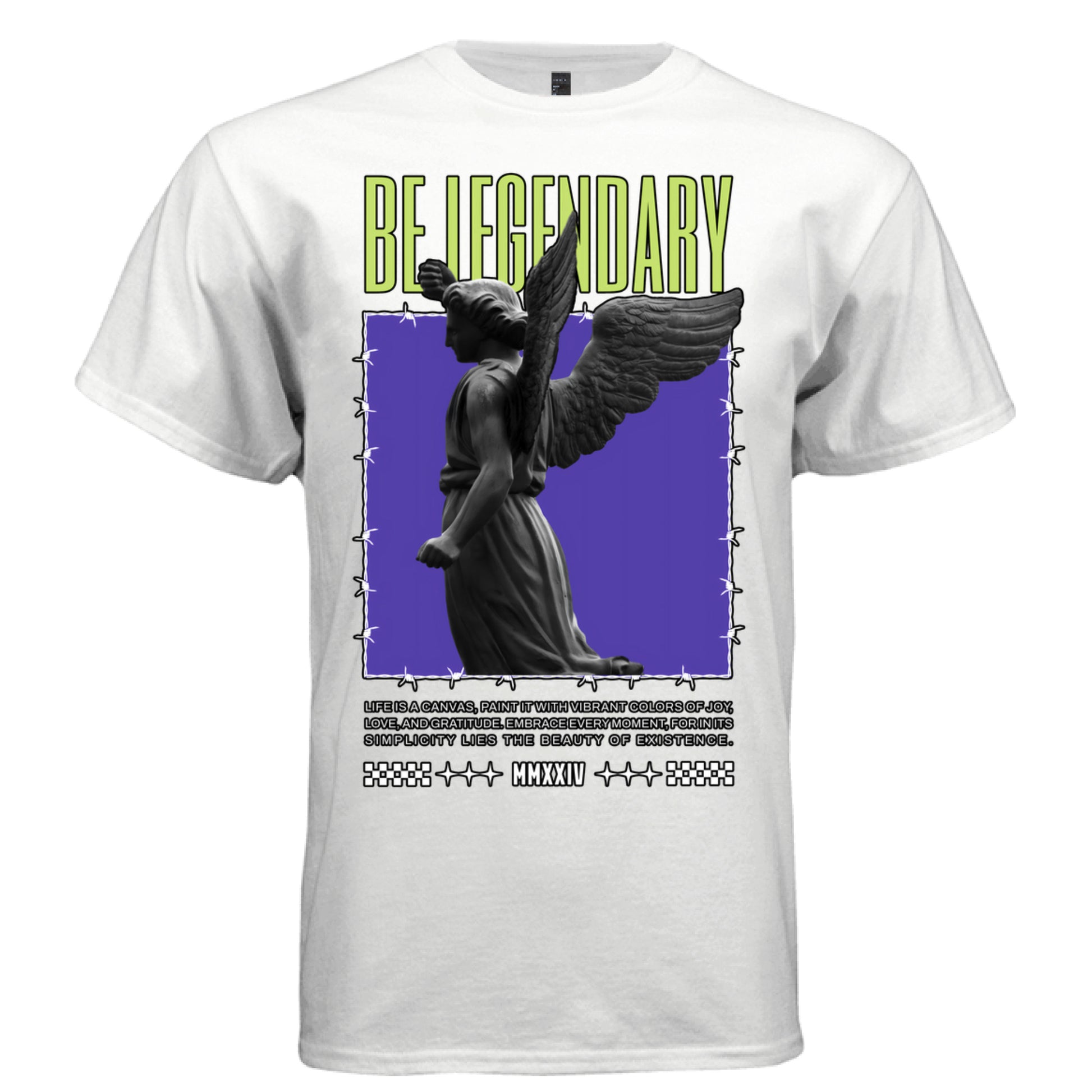 White Be Legendary motivational streetwear t-shirt front view lime green bold typography angel statue DTG print
