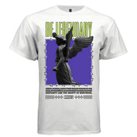 White Be Legendary motivational streetwear t-shirt front view lime green bold typography angel statue DTG print